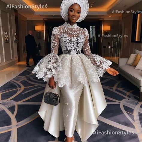 White Gown Styles, 3d Fashion Illustration, Afro Dresses, Modest Lace Dress, White Lace Gown, Extravagant Wedding Dresses, African Traditional Wedding Dress, African Wedding Attire, Modest Dresses Fashion