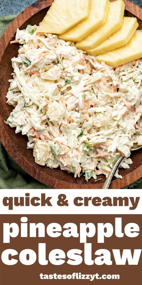 Get a taste of the tropics with this creamy pineapple coleslaw. It comes together quickly and makes an easy side dish recipe. Coconut Coleslaw, Coslaw Recipes, Pineapple Coleslaw Recipe, Pineapple Slaw, Pineapple Coleslaw, Coleslaw Recipe Easy, Cold Salads, Southern Recipe, Homemade Coleslaw