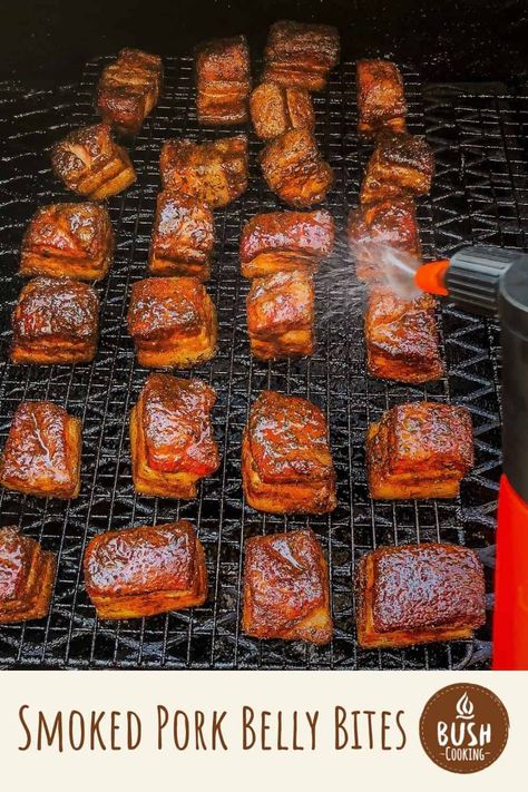 Stack them in a bun, in tacos, or on top of a burger, you can’t go wrong with the sweet, salty, and smoky, pieces of goodness of smoked pork belly bites. #bushcooking #burntends #porkbelly Asian Pork Belly, Pork Belly Bites, Smoked Pork Belly, Smoked Dishes, Pork Bites, Pork Belly Burnt Ends, Honey Pork, Braised Pork Belly, Asian Pork