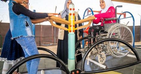 UNICEF USA BrandVoice: A New, Fully Inclusive Playground For Syrian Refugee Children: Children of all abilities play happily together at a… Inclusive Playground, Indoor Rowing, Natural Swimming Ponds, Disabled Children, Playground Design, Refugee Camp, Play Spaces, Inclusive Design, Playground Equipment