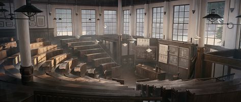 FZD School of Design Concept School Architecture, Magic School Art Concept, Classroom Concept Art, Fantasy Schools, School Concept Art, Antique Shop Interior, Theatre Building, Wizard School, School Interior