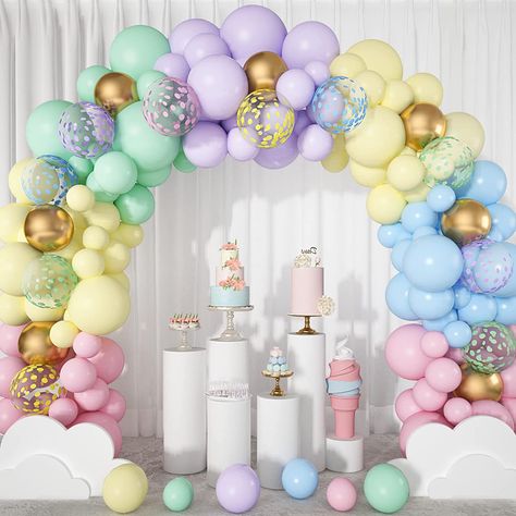 Pastel Balloon Garland, Rainbow Balloon Garland, Rainbow Balloon Arch, Ice Cream Party Decorations, Easter Baby Shower, Rainbow Party Decorations, Pastel Birthday, Mermaid Party Decorations, Gold Confetti Balloons