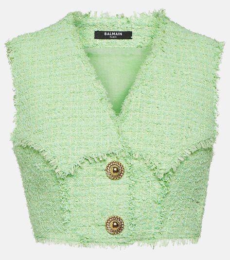 Tweed crop top in green - Balmain | Mytheresa Balmain Tweed, Tweed Crop Top, Hot Pink Fashion, Suit Green, Tweed Top, Tweed Suit, Chanel Tweed, Ski Sweater, Tweed Suits