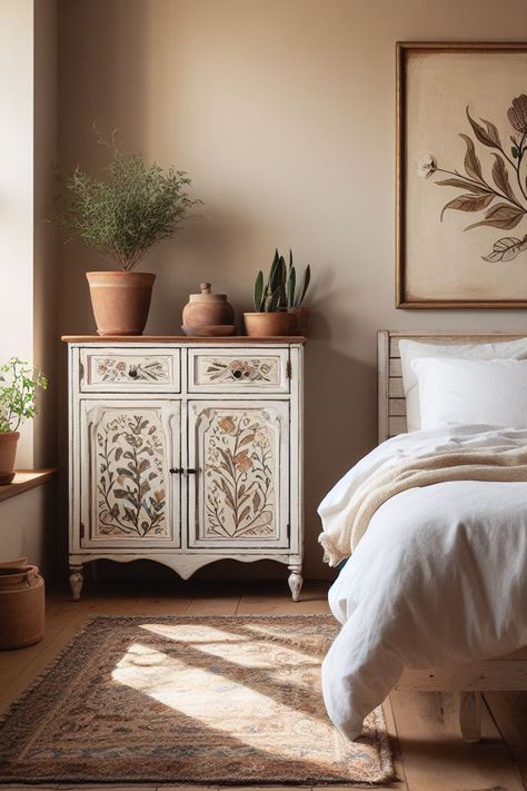 Transform your bedroom into a rustic, cottagecore dream with this hand-painted floral and vegetal motif cabinet. This piece of furniture is a work of art and it's perfect for adding a touch of whimsy and charm to your bedroom. The intricate hand-painted design is sure to catch the eye, and it will provide you with a place to store your belongings in style. #hand-paintedfurniture, #bedroomcabinet, #cottagecore, #rustic, #floral, #vegetal, #whimsy, #storage Modern Cottagecore Furniture, Vintage Bedroom Dresser, Cottage Core Bedside Table, Whimsy Bedroom, White Washed Bedroom Furniture, Cottagecore Furniture, Thrift Flip Furniture, Bedroom Cottagecore, Cottagecore Bedroom Ideas