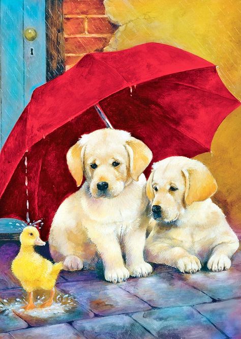 Anne Mortimer, Duck Crafts, Under An Umbrella, Labrador Puppies, 골든 리트리버, 강아지 그림, Retriever Puppies, Labrador Retriever Puppies, 수채화 그림