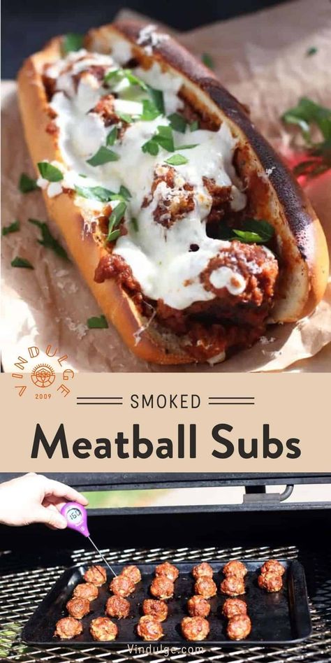 Smoked Meatball Sandwiches are made with the most indulgent smoked meatballs (which are also great served alone)! Top this meatball sandwich with smoked marinara sauce and melty cheese for an amazing dinner. Perfect for Back to School lunches or family weeknight dinner. Bbq Dinner Recipes, Smoked Meatballs, Meatball Sandwich Recipes, Back To School Lunches, Meatball Sandwiches, Best Bbq Recipes, Meat Casserole, Marinara Sauce Recipe, Meatball Sandwich