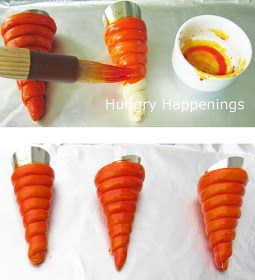 Hungry Happenings: Fun idea for an Easter Brunch - Carrot Crescents Filled with Egg Salad Crescent Roll Carrots, Pillsbury Crescent Recipes, Easter Salad, Crescent Recipes, Easter Appetizers, Orange Food Coloring, Easter Brunch Food, Ham Salad, Holiday Goodies