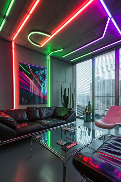 Transform your living room decor with vibrant neon lights and sleek furniture pieces. Perfect for creating a modern, stylish space that stands out. Great for city apartments with panoramic views. #livingroomdecor #neonlights #modernstyle Synthwave Living Room, Neon Living Room, Living Room Vibes, Room Vibes, Sleek Furniture, City Apartments, Perfect Living Room, City Apartment, Living Room Inspo