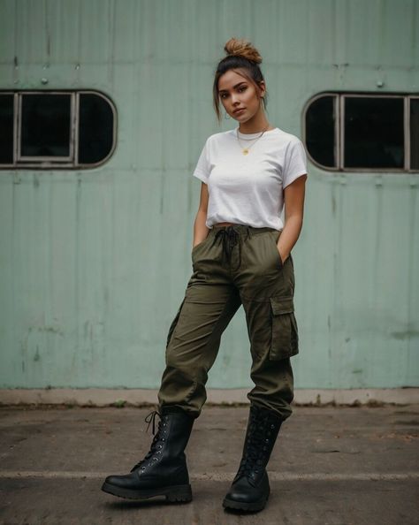 Combat Boots Cargo Pants, Cargo Pants With Boots, Green And Black Outfits, Cargo Pants Green, Black Combat Boots, Pants Green, Fashion Portrait, Viral Post, Art References