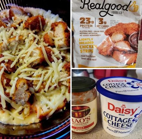 Chicken And Cottage Cheese Recipes Low Carb, Cottage Cheese Chicken Alfredo, Cottage Cheese Chicken Parm, Weight Watchers Cottage Cheese Bowls, Cottage Cheese Chicken Parm Bowl, Homemade Cheese Pizza, Breaded Chicken Strips, Chicken Cottage, Rib Meat