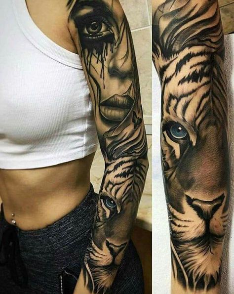 Tiger Tattoo Sleeve, Girls With Sleeve Tattoos, Tiger Tattoo Design, Tattoo Trend, Theme Tattoo, Best Tattoos For Women, Full Sleeve Tattoo, Different Tattoos, Women's Tattoo