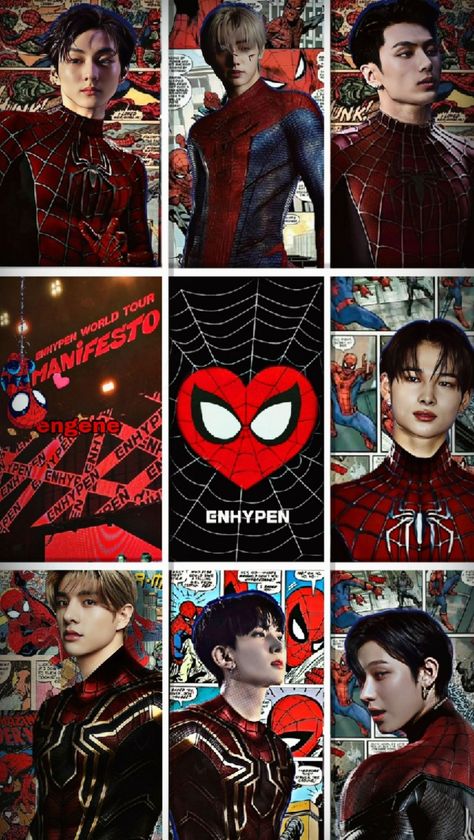 Stray Kids Spiderman, Enhypen Spiderman, Spider Man Wallpaper, Kpop Obsession, Kpop Iphone Wallpaper, Jay Park, Kids Wallpaper, Internet Funny, Create Collage