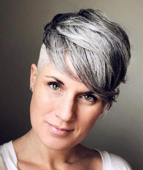 Silver Hair Short, Silver Pixie, Grey Hair Color Silver, Gray Hair Pixie Cuts, Two Toned Hair, Dark Curly Hair, Pixie Cut Styles, Grey Hair Transformation, Short Silver Hair