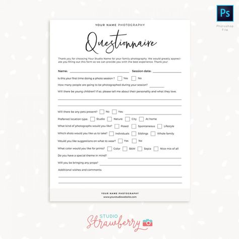 Photography Client Questionnaire, Photography Questionnaire, Photography Forms, Photography Business Forms, Candid Family Photography, Client Questionnaire, Elegant Photography, Questionnaire Template, Advertising Ideas