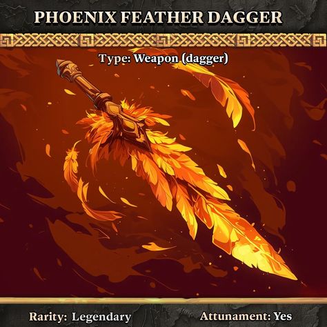 🔸Phoenix Feather Dagger🔸 Feather Magic, Homebrew Items, Dnd Homebrew, Phoenix Feather, D D Items, Dnd Dragons, Fantasy Props, Armors, Dnd Characters