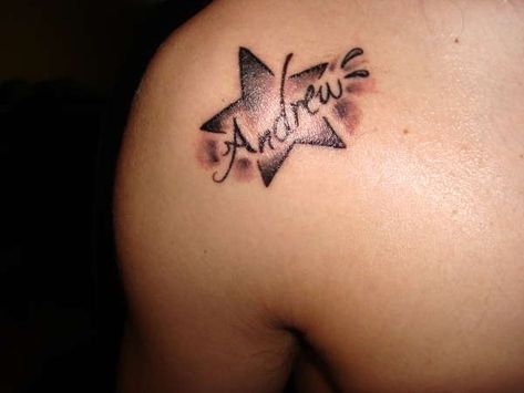 Andrew Name Tattoo, Andrew Name, Andrew Tattoo, Star Tattoo On Shoulder, Front Shoulder Tattoos, Ankle Tat, Boys Names, Autumn Tattoo, Optical Illusion Tattoo