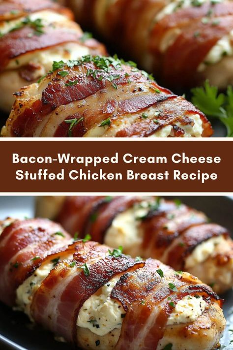 Bacon-Wrapped Cream Cheese Stuffed Chicken Breast Recipe Stuffed Chicken Bacon Wrapped, Baked Wrapped Chicken, Bacon Wrapped Cheese Stuffed Chicken, Bacon Cheese Stuffed Chicken, Easy Chicken Bacon Recipes, Stuffed Chicken With Cream Cheese, Chicken Recipes No Carb, Carnivore Stuffed Chicken, Cream Cheese Bacon Chicken