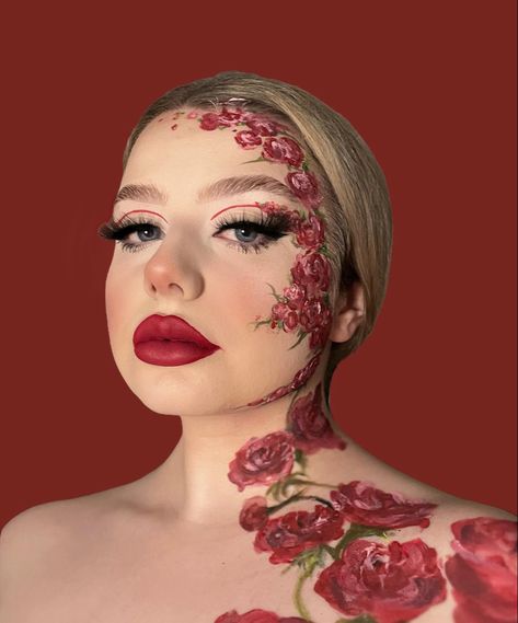 Valentines day creative makeup rose watercolour Red Rose Makeup Look, Roses Makeup Look, Rose Makeup Look Flower, Valentines Day Makeup Looks Creative, Red Rose Makeup, Rose Face Painting, Rose Face Paint, Valentines Day Makeup Creative, Rose Makeup Look