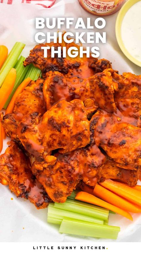 Chic Thigh Recipes, Buffalo Chicken Thigh Recipes, Buffalo Chicken Legs In The Oven, Buffalo Chicken Thighs Boneless, Skin On Chicken Thigh Recipes, Fall Chicken Thigh Recipes, Chicken Thigh Air Fryer, Boneless Skinless Chicken Thigh Recipe, Buffalo Chicken Legs