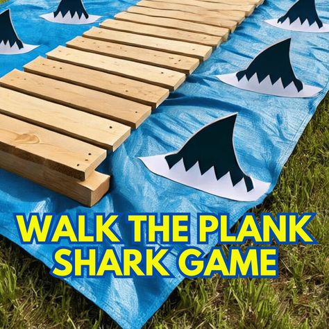 Walk The Plank Shark Game For Shark Parties - fun shark themed games for shark parties, Shark Week watch party, Baby Shark parties, ocean theme party or even a pirate party game idea #partygames #sharkparty #sharktheme #pirateparty #oceanparty #gamesforkids #birthdaygames Baby Shark Scavenger Hunt, Ocean Themed Birthday Party Games, Ocean Birthday Party Games, Ocean Party Games, Baby Shark Activities, Shark Games For Kids, Shark Activities For Kids, Walk The Plank Game, Ocean Reading