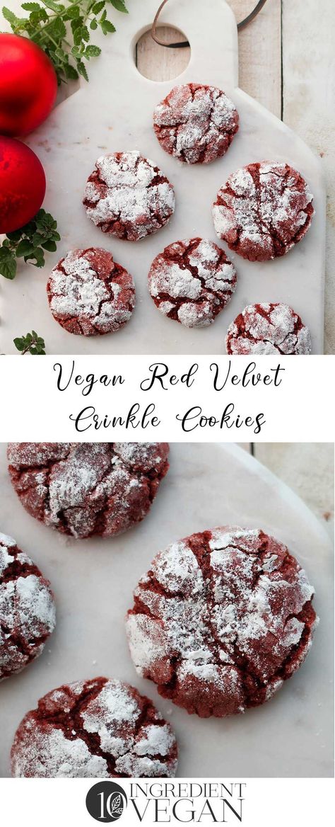 Easy 1 bowl Vegan Red Velvet Crinkle Cookies. Vegan Red Velvet Cookies, Vegan Crinkle Cookies, Vegan Red Velvet, Red Velvet Crinkle Cookies, Red Velvet Cookies, Festive Cookies, Crinkle Cookies, Red Food Coloring, Perfect Cookie