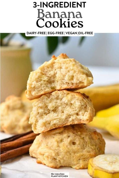 These easy 3-ingredient banana cookies are soft, chewy, easy banana drop cookies, 100% vegan, refined sugar-free, and oil-free. Banana Cookies Vegan, Cookie Recipe With Oil, 3 Ingredient Banana Cookies, Vegan Banana Cookies, Conscious Plant Kitchen, Low Fat Cookies, Banana Recipes Easy, Banana Cookie Recipe, Easy Vegan Cookies