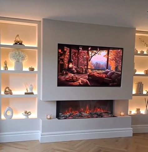 Electric Fireplace Built In Shelves, Media Wall With Speakers, Ideas Para Sala, Media Wall Around Chimney Breast, Media Wall No Fire, Neutral Home, Tv With Fireplace Underneath, Fireplace Tv Wall Uk, Wall Mounted Tv And Electric Fire