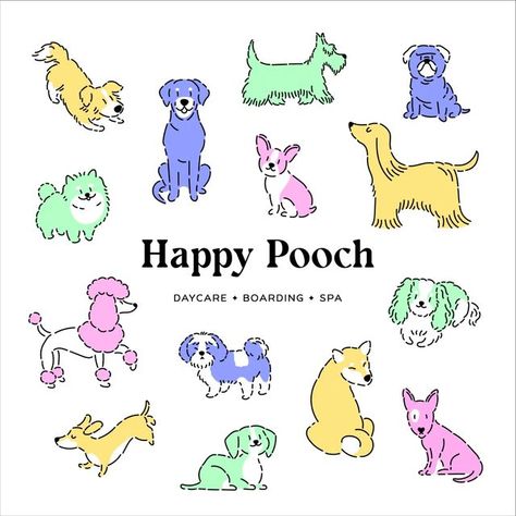 Dora ✷ Creative Corner on Instagram: ". First look at 'HAPPY POOCH' branding 👋 . HAPPY POOCH offers everything your doggo requires with award winning datcare, overnight, weekend and holiday boarding and spa services. Let your pets get pampered with love and care while they jet off to enjoy a vacation of their own 😜 . Brief by @brief.yourself 💜🐶🐾 @deenie.designs @reem.b.designs @alrdesignstudio alyiaart #briefyourself #byhappypooch . ✱ Principal logo & variations ✱ Brand illustrations ✱ Patt Spa Illustration, Logo Variations, Pampered Pets, Creative Corner, Brand Identity Pack, Spa Services, Graphic Design Portfolio, Minimal Logo, Dog Art