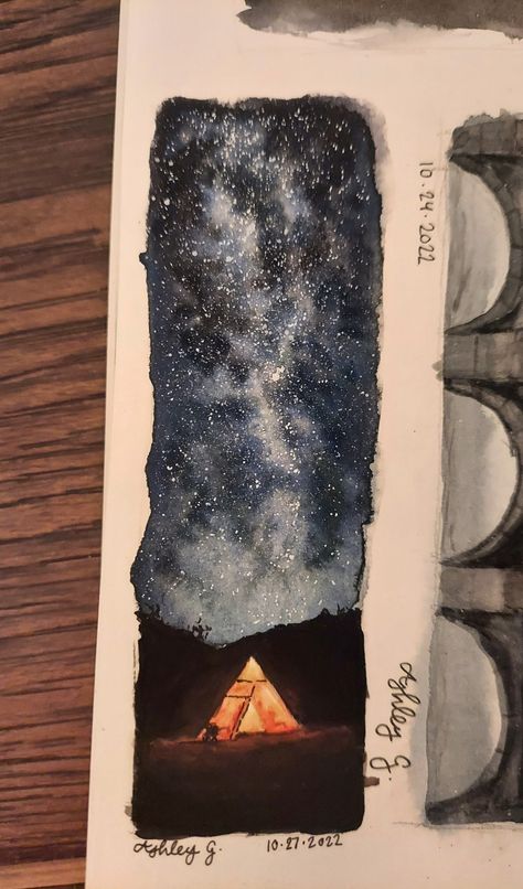 Nighttime Watercolor, Starry Night Illustration, Starry Night Watercolor, Watercolor Starry Night, Sky Watercolor Painting, Watercolour Bookmarks, Watercolor Stars, Watercolor Night Sky, Sky Watercolor