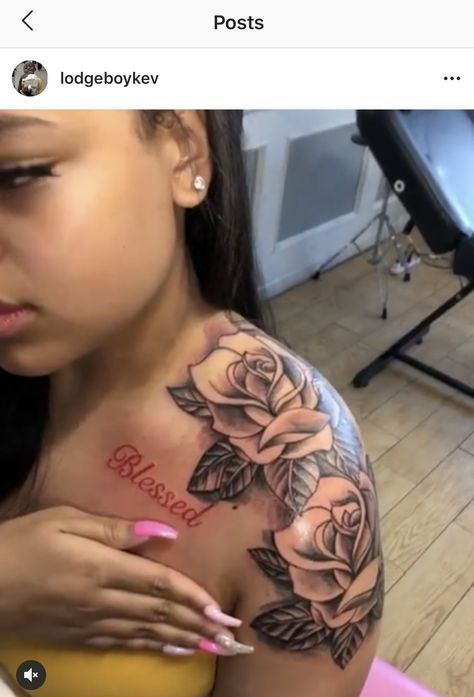 My Mothers Keeper Tattoo Shoulder, Shoulder Sleeves For Women Tattoo, Tattoos For Women Chest Shoulder, Chest Tattoos For Black Women, Black Women Chest Tattoo, Rose Tattoos For Women Shoulder, Cute Shoulder Tattoos For Women, Shoulder Piece Tattoo Women, Quarter Sleeve Tattoos For Women Shoulder