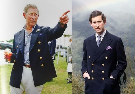 Prince Charles in the same navy 8x3 double breasted blazer - classic garments never go out of style Double Breasted Blazer Men, Top In Pizzo, Navy Blazers, Prinz Charles, Blazer Outfits Men, Prinz Harry, Mens Attire, Looking Dapper, Men’s Suits