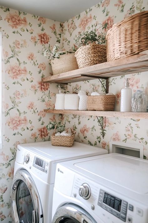 Pink Laundry Room Ideas, Floral Laundry Room, Pink Laundry Room, Eclectic Basement, Laundry Room Wallpaper Ideas, Laundry Room Stackable, Wallpaper Laundry Room, Wallpaper Laundry, Laundry Shoot