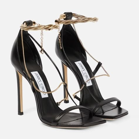 Jimmy Choo Clothes, Black And Gold High Heels, Black Heels With Gold Chain, Jimmy Choo Black Heels, Black Heels Sandals, Black Gold Heels, Black Heels With Gold, Black And Gold Heels, Luxury High Heels