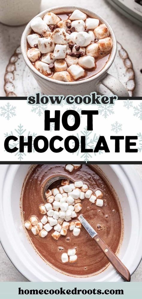 This Homemade Crockpot Hot Chocolate is the best, easy recipe! It’s perfect to make when you’re hosting a crowd during the holiday season. Made with simple ingredients and pantry staples like cocoa powder, chocolate chips, sugar, vanilla extract, and cocoa powder. Serve with whipped cream, mini marshmallows, and candy canes, if desired! Homemade Crockpot Hot Chocolate, Hot Chocolate Crockpot Recipe, Easy Crockpot Hot Chocolate, Homemade Hot Coco, Homemade Hot Chocolate Crockpot, Crockpot Hot Chocolate Recipe, Hot Chocolate With Cocoa Powder, Chocolate Crockpot, Crock Pot Hot Chocolate Recipe