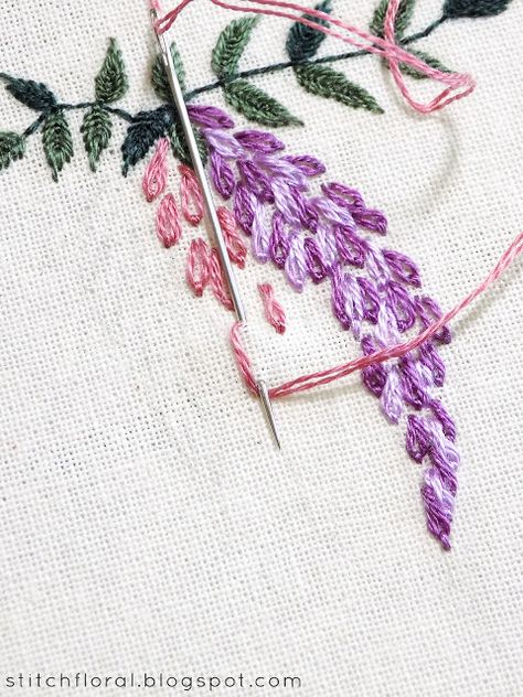 Hand embroidered Wisteria: Free PDF pattern & tutorial Crewel Embroidery Tutorial, Crewel Embroidery Patterns, Pola Bordir, Crewel Embroidery Kits, Free Pdf Pattern, Stitch Flowers, Basic Embroidery Stitches, Hand Embroidery Tutorial, Pola Sulam