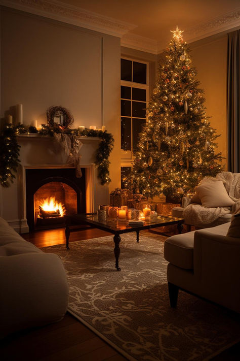 Bring Holiday Magic to Your Living Space with Elegant Living Room Transformations Christmas Elegant Decor, Huge Living Room Ideas, Cosy Pictures, Traditional Christmas Aesthetic, Traditional Christmas Decor Ideas, Christmas Decor Traditional, Christmas Architecture, Christmas Tree Cozy, Cozy Christmas Home