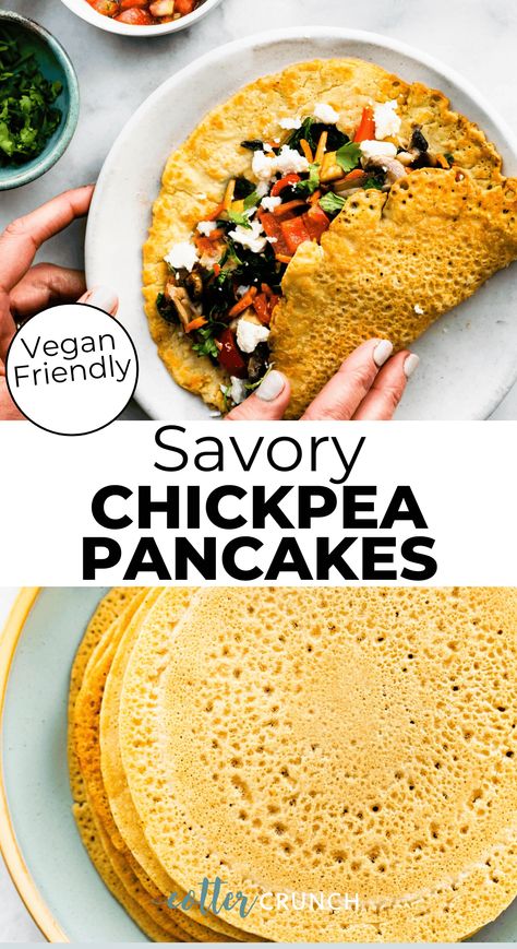 These Savory Chickpea Pancakes are made with minimal ingredients for a flourless recipe that’s gluten-free, high fiber, and full of plant-based protein. Paired with savory fillings, they’re perfect for breakfast, brunch, dinner, and everything in between! Chickpea Pancakes Vegan, Vegan Protein Breakfast, Legume Recipes, Alkaline Breakfast, High Protein Vegan Breakfast, Chickpea Pancakes, High Fiber Breakfast, Best Vegan Protein, Plant Based Recipes Breakfast