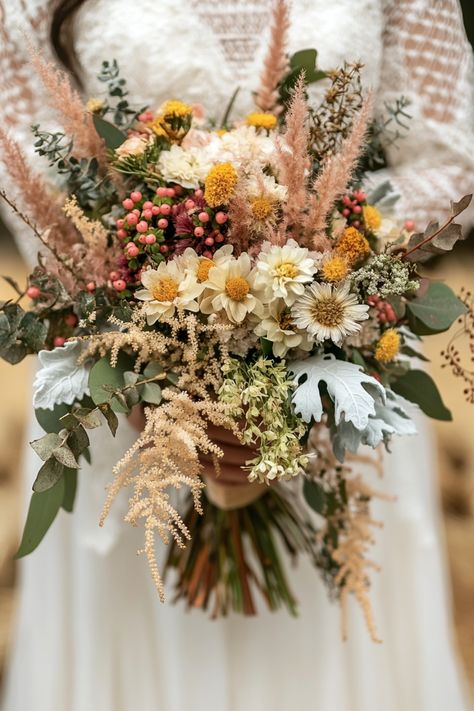 Explore 30+ unique wildflower wedding bouquets perfect for winter! These one-of-a-kind designs mix earthy tones and soft blooms for timeless beauty. See the full list now! #uniquebouquets #wildflowertrends #winterinspo Juniper Wedding Bouquet, Fall Wildflower Wedding Theme, Rustic Boho Wedding Bouquet, Dried Wildflower Wedding, Spring Bouquet Wedding, Fall Wildflower Wedding, Wildflower Bouquet Wedding, Wedding Bouquet Dried Flowers, Whimsical Bridal Bouquet