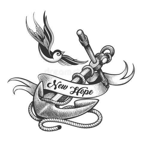 Ship Anchor Tattoo, Flying Swallow, Ribbon Vector, Art Transportation, Ship Anchor, Pirate Flag, Anchor Tattoo, Engraving Illustration, Ship Drawing