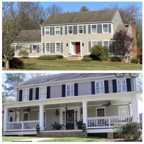 Center Hall Colonial Front Porch, Gray Colonial House Exterior, Colonial House Exterior Porch, Colonial House Exterior Makeover, 1970s Exterior, Front Porch Lanterns, Vinyl Siding House, Bungalow Remodel, Porch Lanterns