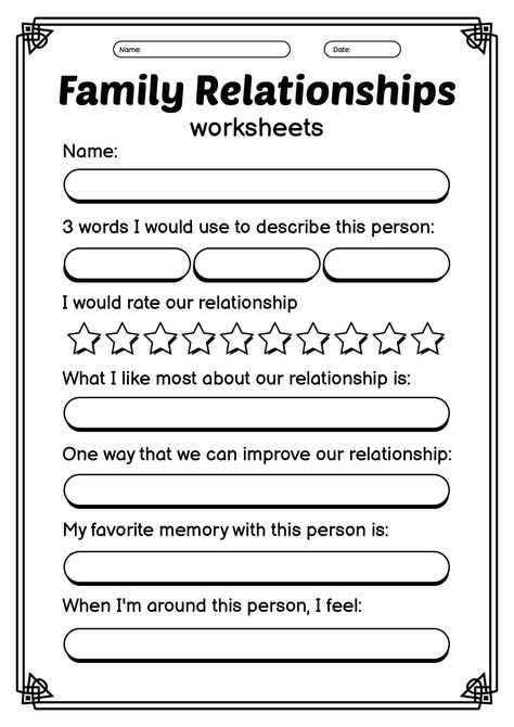 Healthy Family Relationships Worksheets Family Relationships Worksheets, Relationships Worksheets, Couples Counseling Activities, Healthy Family Relationships, Family Therapy Worksheets, Emotional Journal, Family Therapy Activities, Relationship Worksheets, About Me Activities