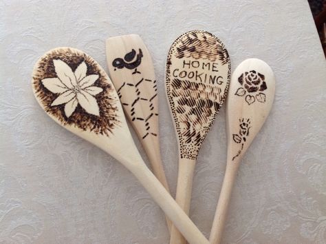 Denise has been busy. Simple Pyrography, Woodburn Spoons, Woodburning Crafts, Wood Etching, Wood Burn Spoons, Bamboo Spoon, Painted Branches, Spoon Crafts, Barn Wood Crafts