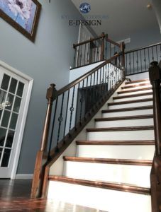 Sherwin Williams Jubilee in 2 storey entryway foyer with dark wood railing and stairs. Best cool blue gray paint colour. Kylie M Interiors edesign Best Blue Paint Colors, Warm Grey Paint Colors, Blue Gray Bedroom, Blue Gray Paint Colors, Dark Paint Colors, Blue Gray Paint, Blue Living Room Decor, Blue Paint Colors, Grey Paint Colors