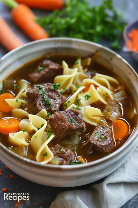 This authentic recipe German Beef Noodle Soup, or Rindfleisch-Nudelsuppe, is a hearty dish with tender beef, savory broth, and noodles. Beef Broth Noodles, German Beef Stew, Beef Noodle Soup Recipes, Beef Pasta Soup, Beef Stew With Noodles, Beef And Noodle Soup, Broth And Noodles, Italian Main Dishes, Beef Soup Recipes