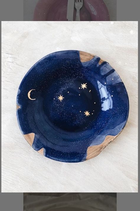 Pottery Painting Night Sky, Celestial Pottery Painting Ideas, Moon Pottery Painting, Celestial Ceramics, Space Ceramics, Moon Pottery, Ceramic Moon, Diy Pottery Painting, Color Me Mine