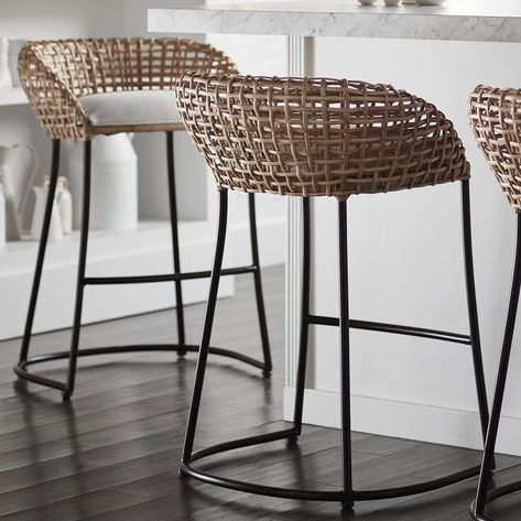 Rattan Counter Stools, Open Plan Kitchen Diner, Island Stools, Bar Stools Kitchen Island, Rattan Weave, Dining Room Interiors, Desert Homes, Woven Rattan, Kitchen Bar Stools