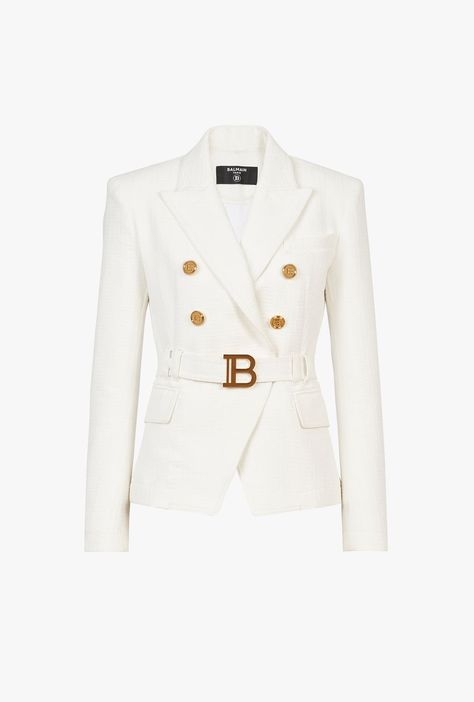 Double Breasted White Cotton Blazer With Balmain Buckle for Women - Balmain.com Balmain Designer, Balmain Jacket, Balmain Fashion, Barbie Sewing, Balmain Collection, Balmain Blazer, Half Jacket, Blazer Jackets For Women, Blazer Designs