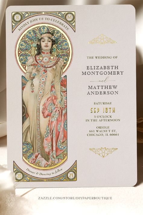 The pin shows an Art Nouveau gold foil wedding invitation by the famous artist Alphonse Mucha. The actor Sarah Bernhardt is seen holding a glass of Champagne draped in a tan robe and surrounded by intricate ornaments. On the right is all wedding info for the great day. The card is sold by Zazzle and designed by DIYPaperBoutique. Wedding Invitations Art Deco, Art Nouveau Card, Art Nouveau Wedding Dress, Fancy Invitations, Art Nouveau Graphic Design, Art Nouveau Invitation, Art Nouveau Wedding Invitation, Art Deco Wedding Invitation, Art Nouveau Wedding