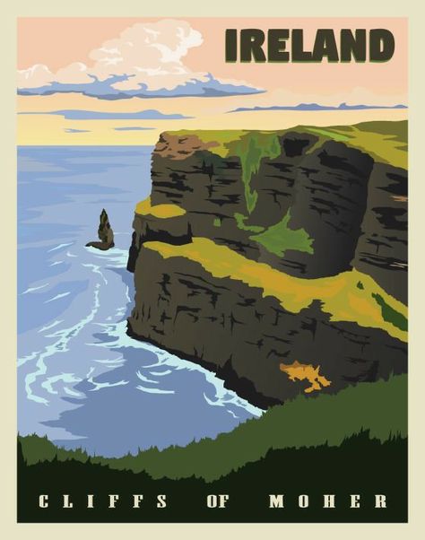 Cliffs Of Moher Ireland, Poster Art Deco, Ireland Landscape, Vintage Poster Design, Art Deco Poster, Cliffs Of Moher, Retro Travel Poster, Vintage Travel Poster, Ireland Travel