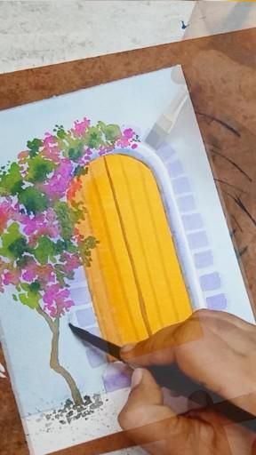 Easy Water Paintings For Beginners, Drawing Using Watercolor, Water Colour For Beginners Step By Step, Cool Watercolor Painting Ideas, Drawing In Watercolor, How To Draw Doors Step By Step, Easy Paintings With Watercolor, Water Colour House Painting, Watercolor Doors Paintings Easy